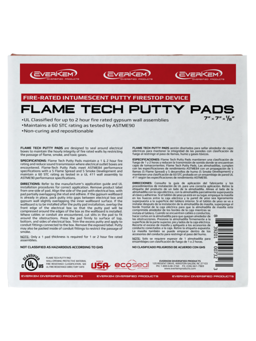 Flame Tech Putty Pads Fire-rated Intumescent Pads is UL classified for 1 and 2 hour gypsum fire-rated wall systems.