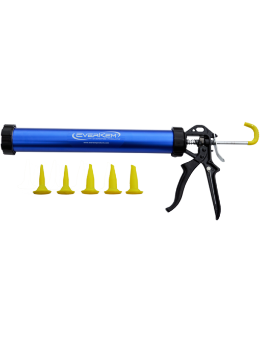 Everkem Pro Series Sausage Tube Gun with ladder hook, thumb release, and multiple sized, removable nozzles
