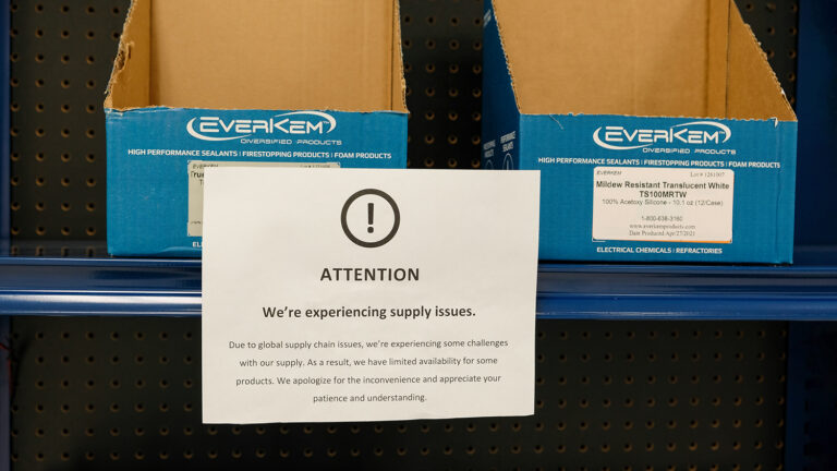 Retailer shelf with empty TruSil 100 cases along with sign explaining lack of stock due to supply chain issues.