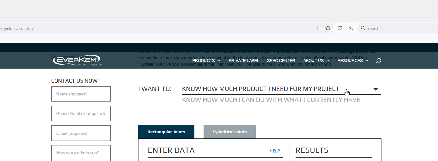 Caulk Yield Calculator function select